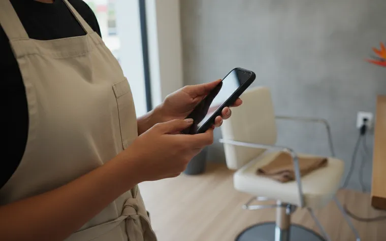 Cabeleireira com o celular na mão no salão, com a cadeira de atendimento ao fundo