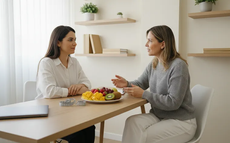 Nutricionista e paciente conversando frente a frente numa mesa de madeira, com um prato de frutas, uma fita métrica e um notebook fechado