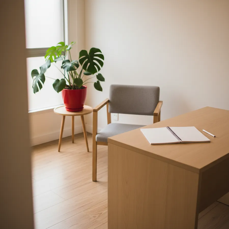 Consultório pequeno e claro com mesa de madeira, um caderno aberto com caneta, uma poltrona cinza e uma planta num vaso vermelho perto da janela