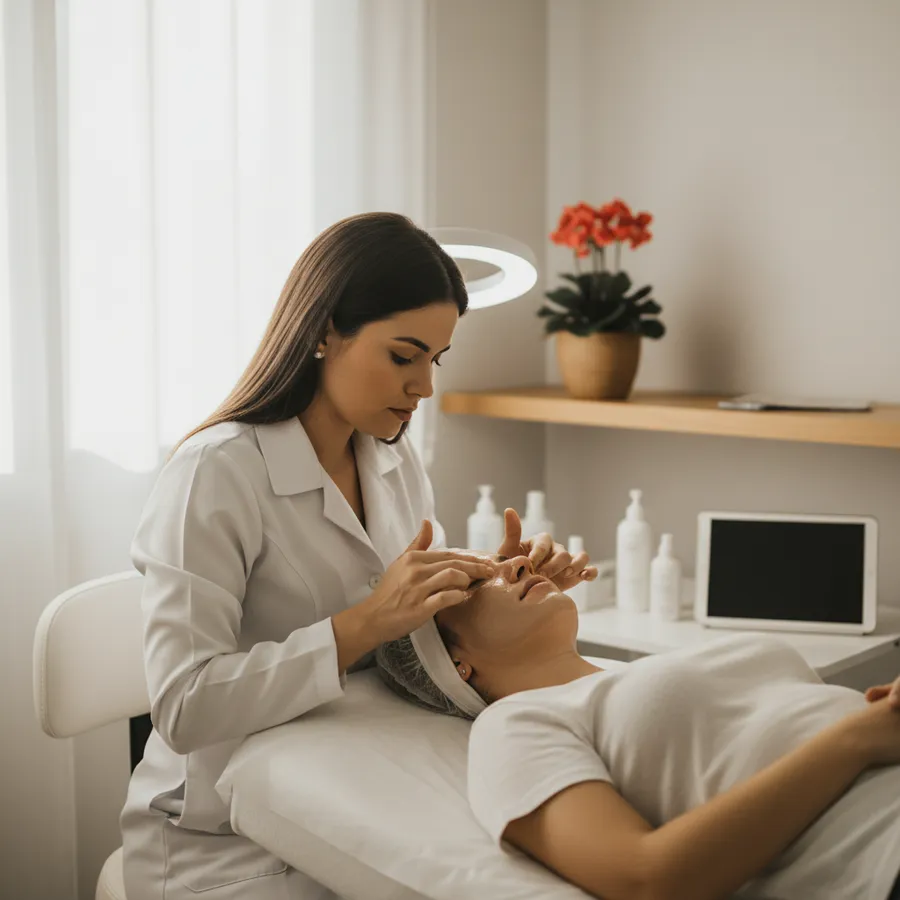 Esteticista de jaleco branco fazendo massagem facial numa cliente deitada na maca, com touca no cabelo, numa sala clara com frascos de cosméticos, um tablet e flores na prateleira
