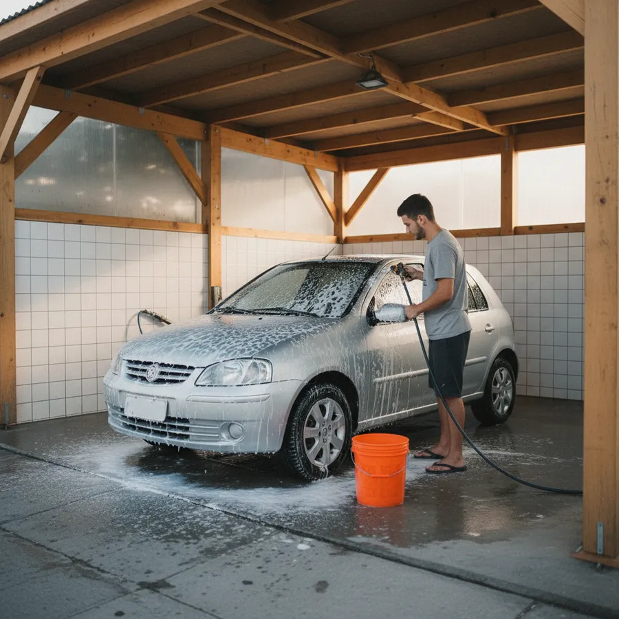 Lavador ensaboando um carro prata coberto de espuma sob a cobertura de madeira do lava jato, com um balde laranja no chão